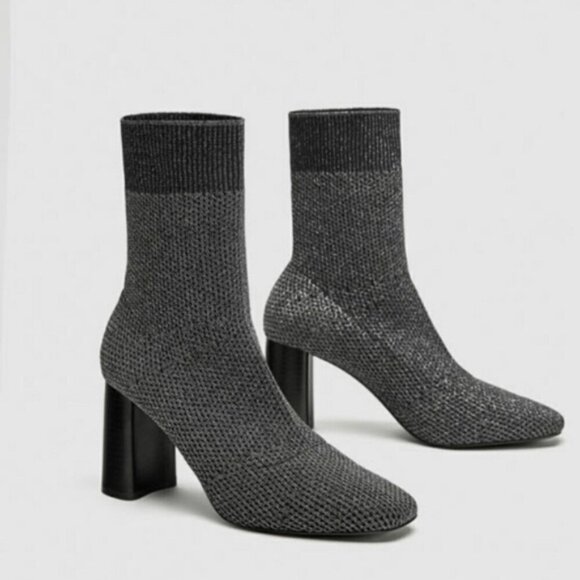 Zara Black and Silver Knit Sock Boots Size 37 - Picture 1 of 8